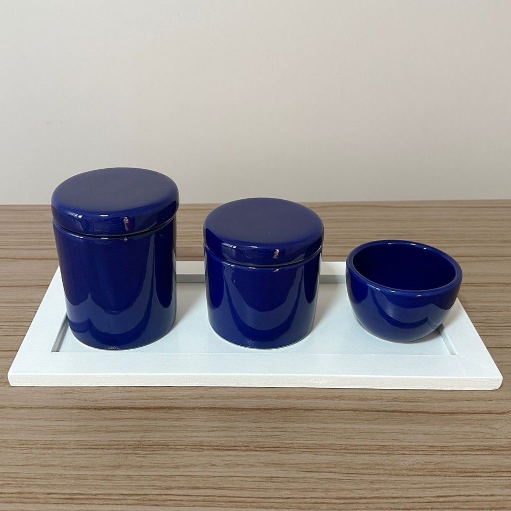 Kit Higiene Porcelana (3 Peças - Azul Marinho) + Bandeja MDF