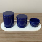 Kit Higiene Porcelana (3 Peças - Azul Marinho) + Bandeja MDF