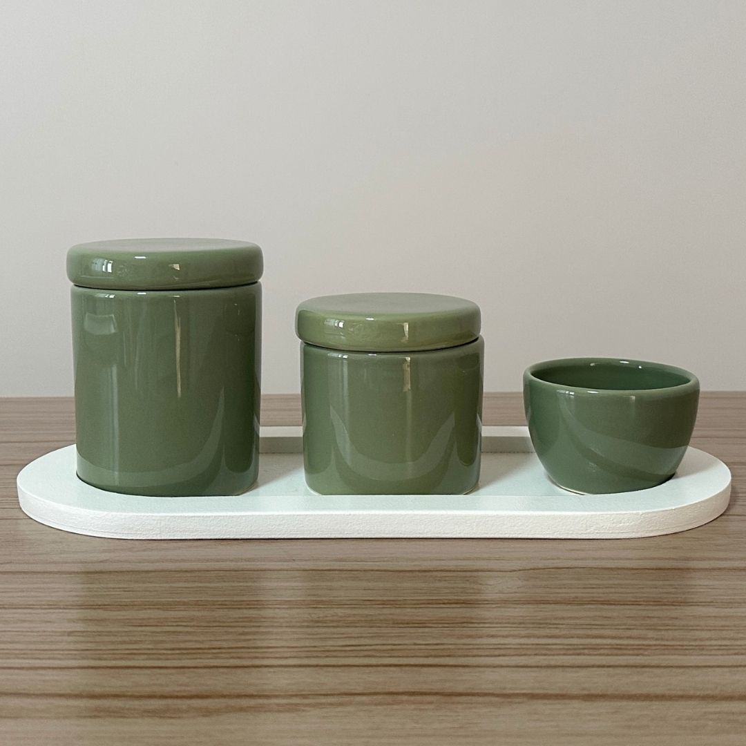 Kit Higiene Porcelana (3 Peças - Verde Oliva) + Bandeja MDF