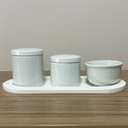 Kit Higiene Porcelana (3 Peças - Branco) + Bandeja MDF