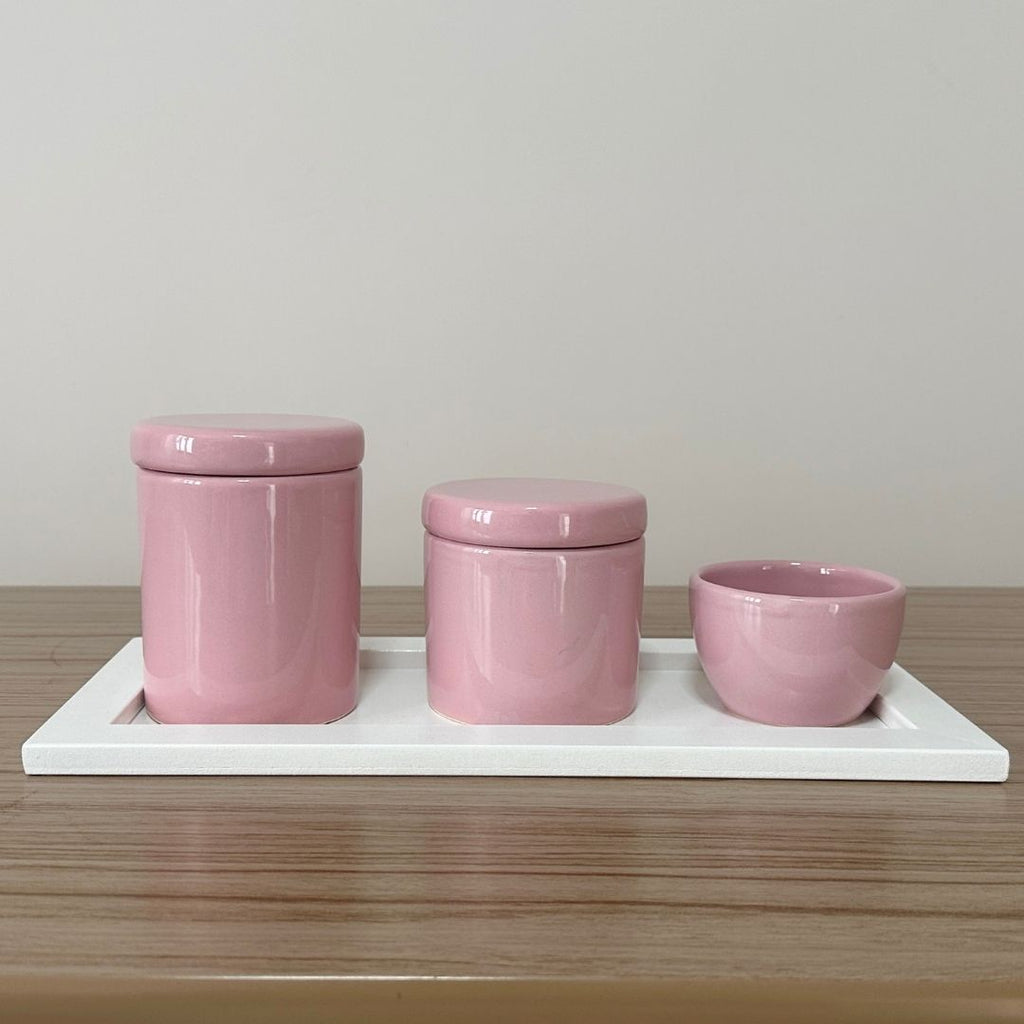 Kit Higiene Porcelana (3 Peças - Rosé) + Bandeja MDF