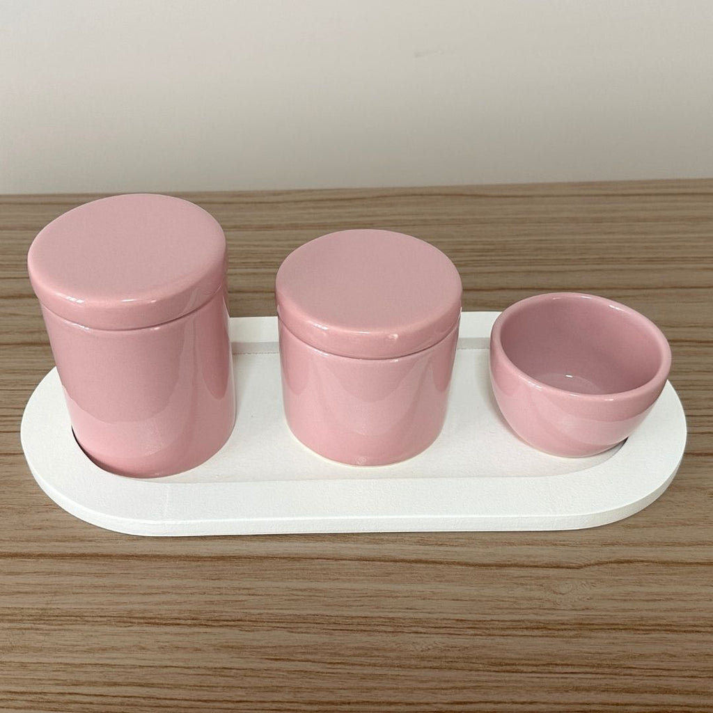Kit Higiene Porcelana (3 Peças - Rosé) + Bandeja MDF