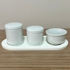 Kit Higiene Porcelana (3 Peças - Branco) + Bandeja MDF