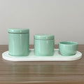 Kit Higiene Porcelana (3 Peças - Verde Menta) + Bandeja MDF