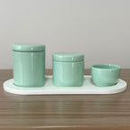 Kit Higiene Porcelana (3 Peças - Verde Menta) + Bandeja MDF
