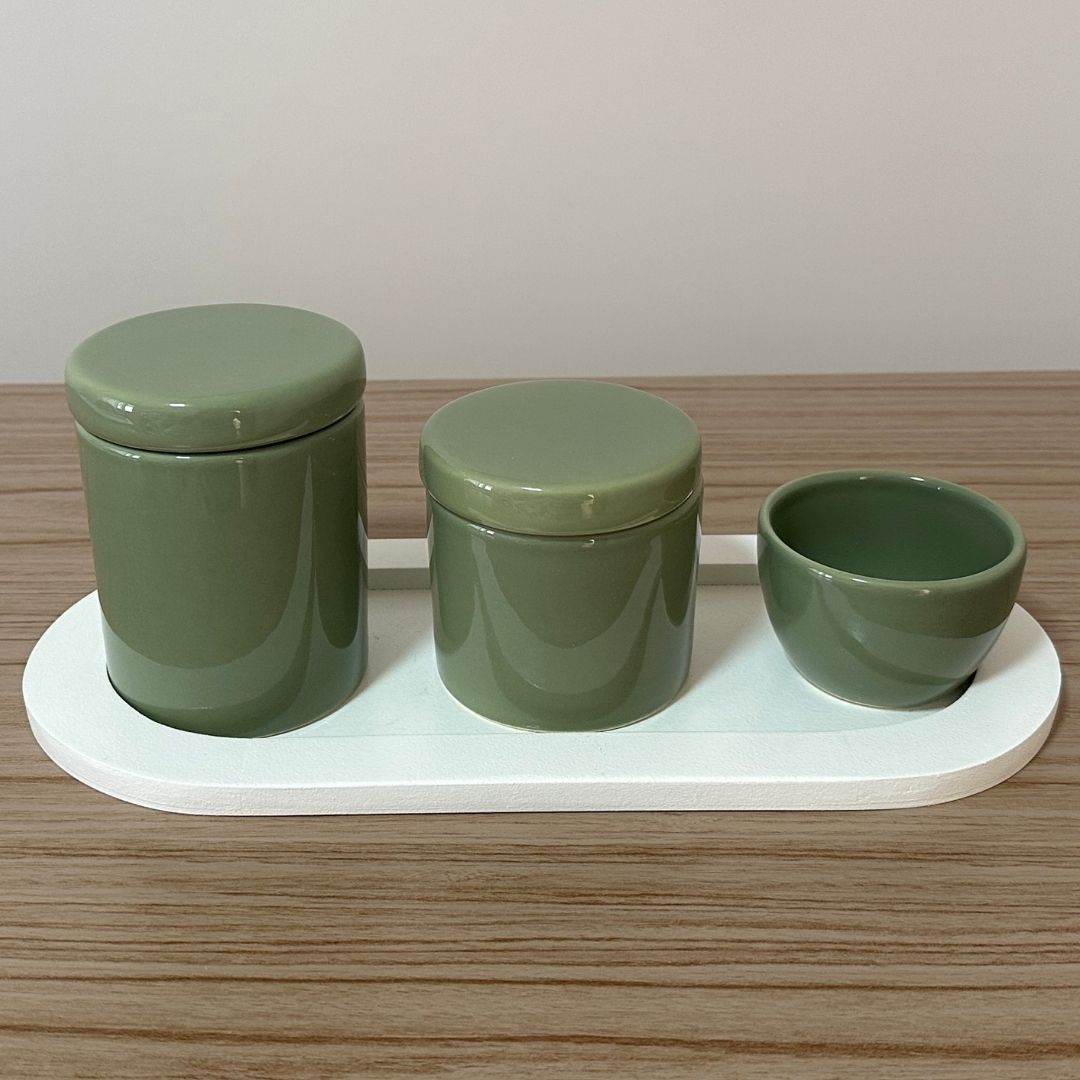 Kit Higiene Porcelana (3 Peças - Verde Oliva) + Bandeja MDF