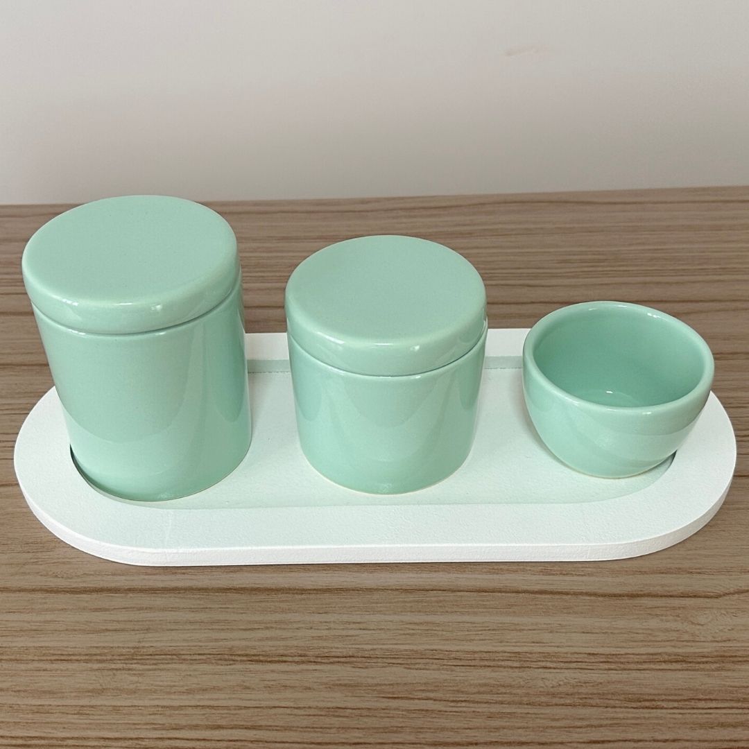 Kit Higiene Porcelana (3 Peças - Verde Menta) + Bandeja MDF