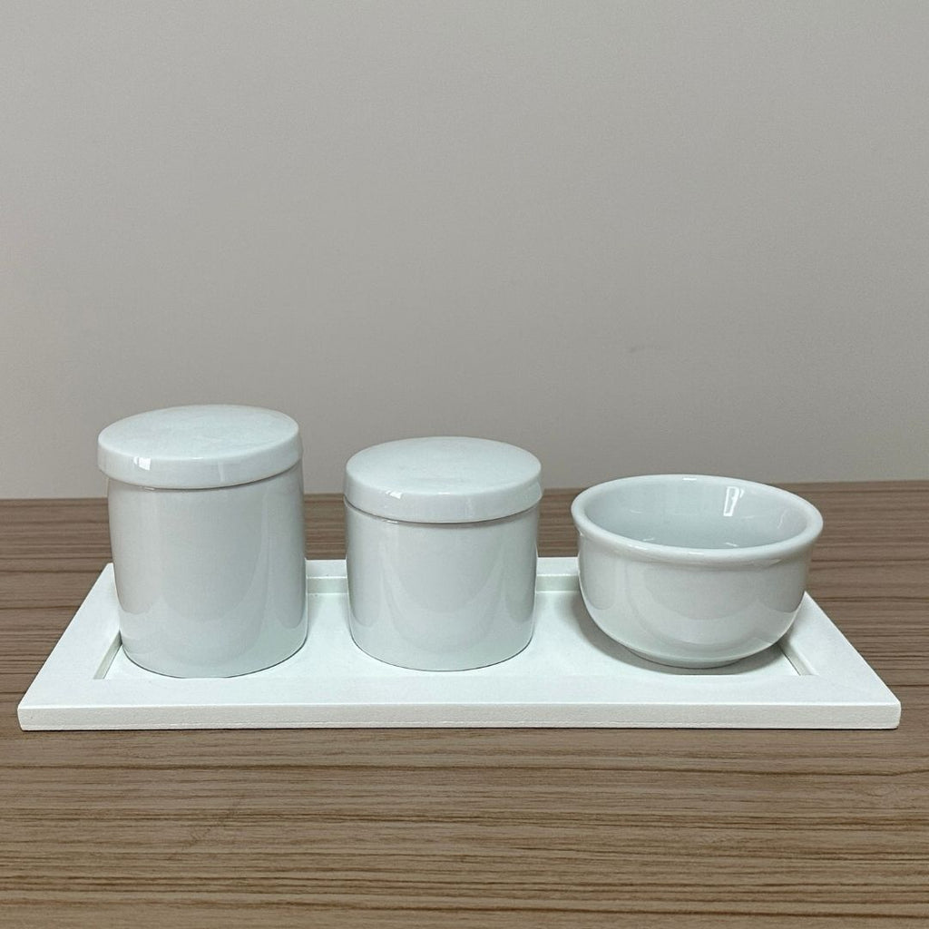 Kit Higiene Porcelana (3 Peças - Branco) + Bandeja MDF