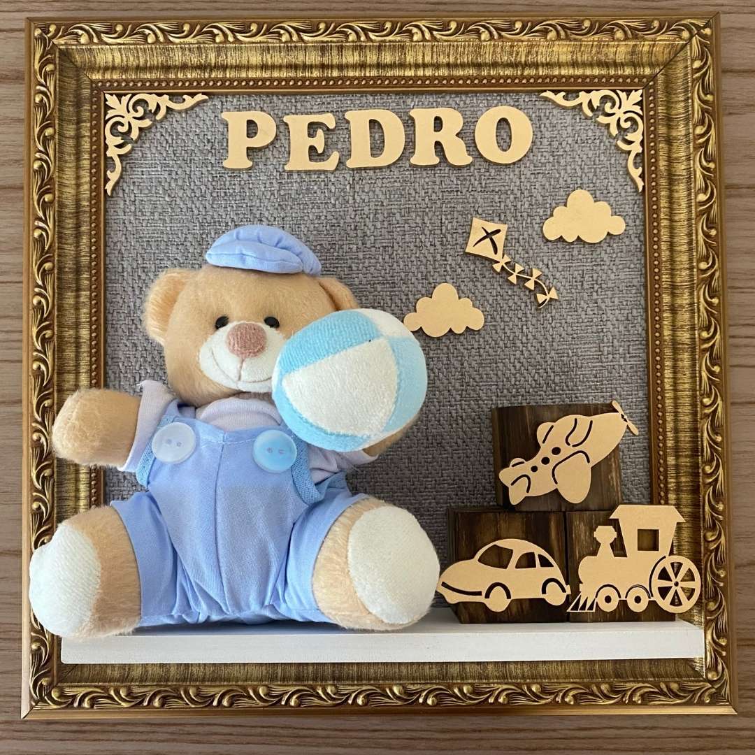 Quadro Maternidade Urso Brinquedo Azul Claro (Fundo Cinza)