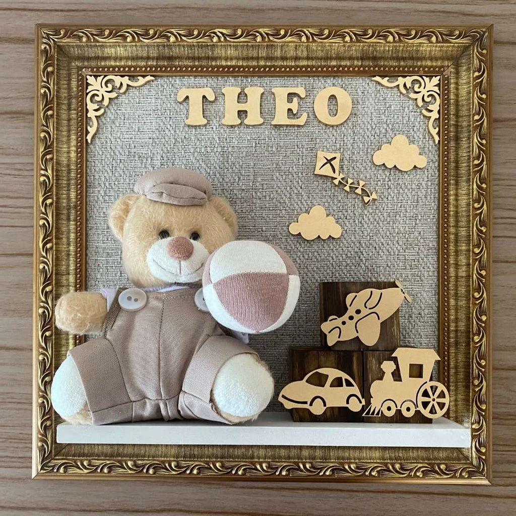 Quadro Maternidade Urso Brinquedo Bege (Fundo Bege)
