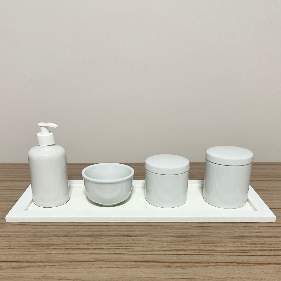 Kit Higiene Porcelana (4 Peças - Branco) + Bandeja MDF