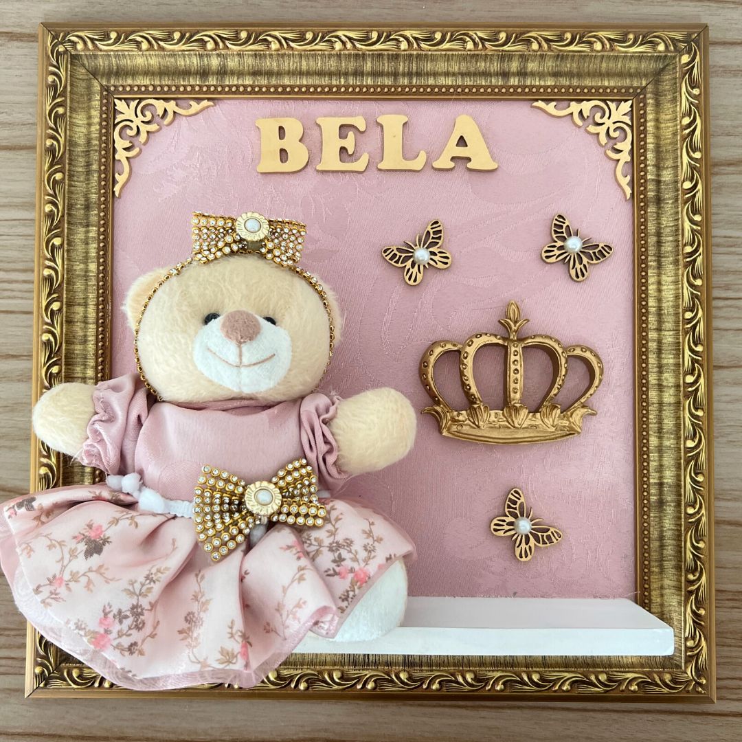 Quadro Maternidade Realeza Rosé Floral Coroa (Fundo Rosé)
