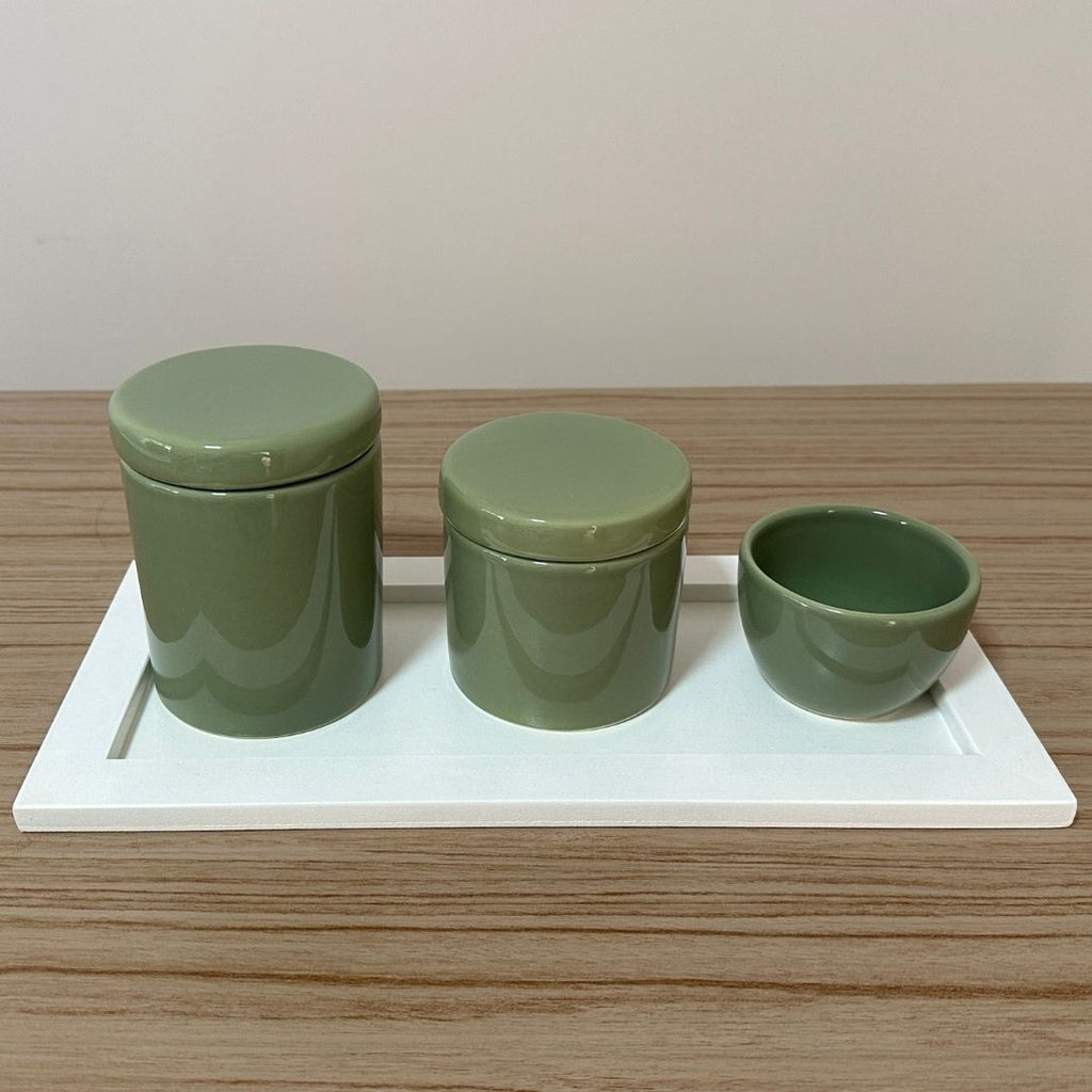 Kit Higiene Porcelana (3 Peças - Verde Oliva) + Bandeja MDF