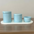 Kit Higiene Porcelana (3 Peças - Azul Claro) + Bandeja MDF