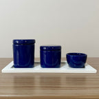 Kit Higiene Porcelana (3 Peças - Azul Marinho) + Bandeja MDF