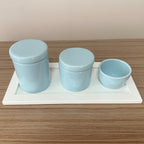 Kit Higiene Porcelana (3 Peças - Azul Claro) + Bandeja MDF
