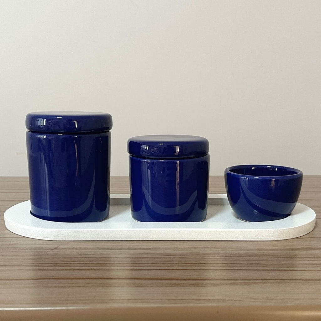 Kit Higiene Porcelana (3 Peças - Azul Marinho) + Bandeja MDF