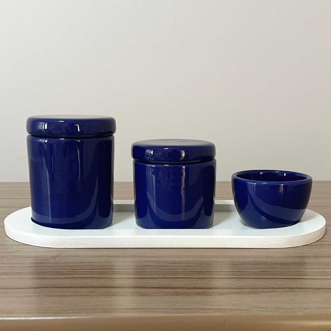 Kit Higiene Porcelana (3 Peças - Azul Marinho) + Bandeja MDF