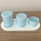 Kit Higiene Porcelana (3 Peças - Azul Claro) + Bandeja MDF