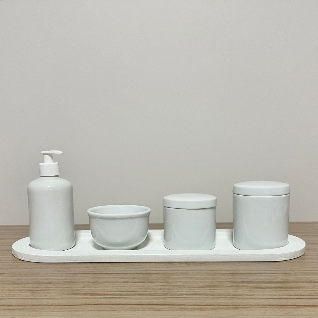 Kit Higiene Porcelana (4 Peças - Branco) + Bandeja MDF