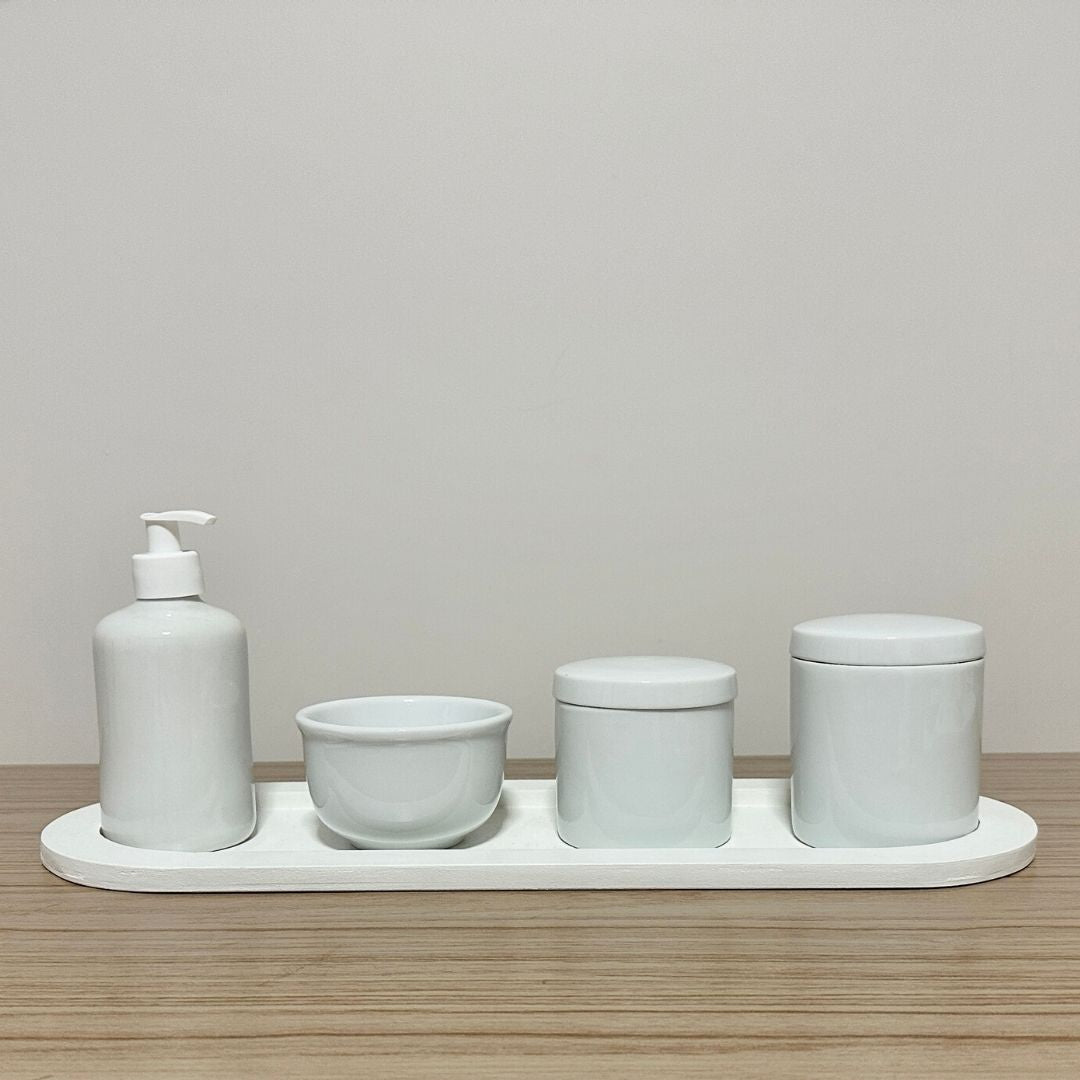 Kit Higiene Porcelana (4 Peças - Branco) + Bandeja MDF