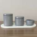 Kit Higiene Porcelana (3 Peças - Cinza) + Bandeja MDF