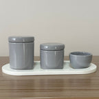 Kit Higiene Porcelana (3 Peças - Cinza) + Bandeja MDF