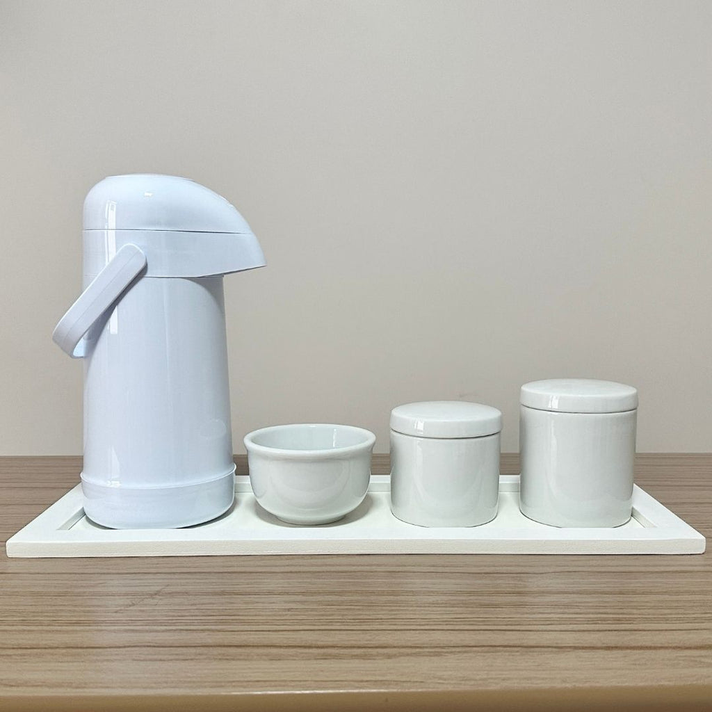 Kit Higiene Porcelana (3 Peças - Branco) + Bandeja MDF + Garrafa