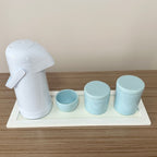 Kit Higiene Porcelana (3 Peças - Azul Claro) + Bandeja MDF + Garrafa Térmica