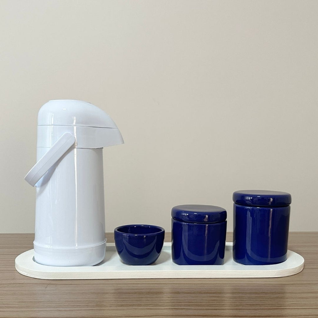 Kit Higiene Porcelana (3 Peças - Azul Marinho) + Bandeja MDF + Garrafa Térmica