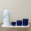 Kit Higiene Porcelana (3 Peças - Azul Marinho) + Bandeja MDF + Garrafa Térmica