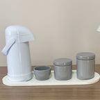 Kit Higiene Porcelana (3 Peças - Cinza) + Bandeja MDF + Garrafa Térmica