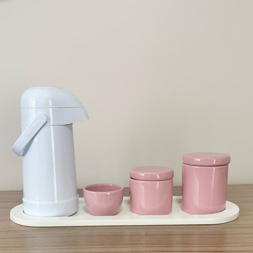 Kit Higiene Porcelana (3 Peças - Rosé) + Bandeja MDF + Garrafa Térmica