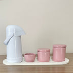Kit Higiene Porcelana (3 Peças - Rosé) + Bandeja MDF + Garrafa Térmica