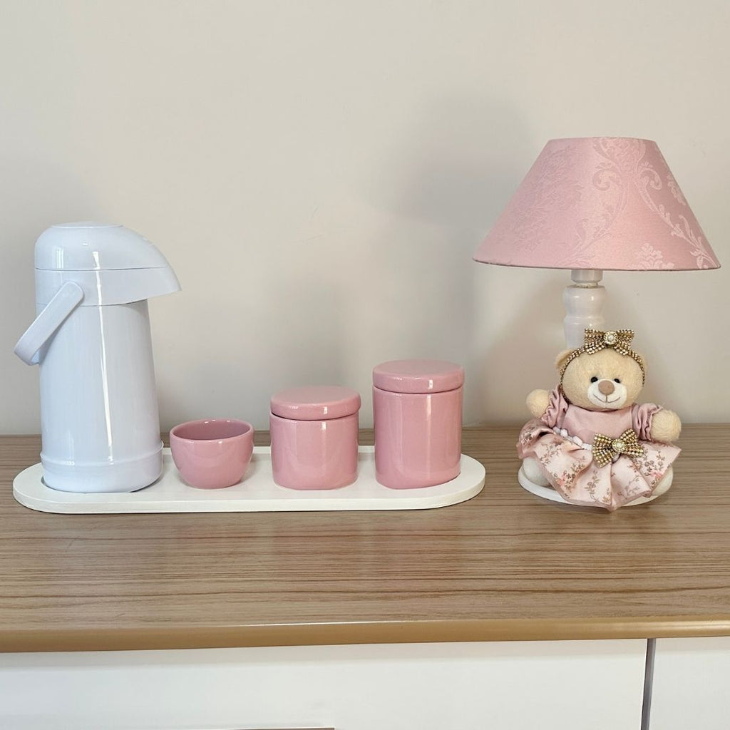 Kit Higiene Porcelana (3 Peças - Rosé) + Bandeja MDF + Garrafa Térmica