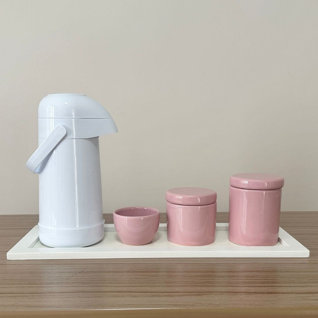 Kit Higiene Porcelana (3 Peças - Rosé) + Bandeja MDF + Garrafa Térmica