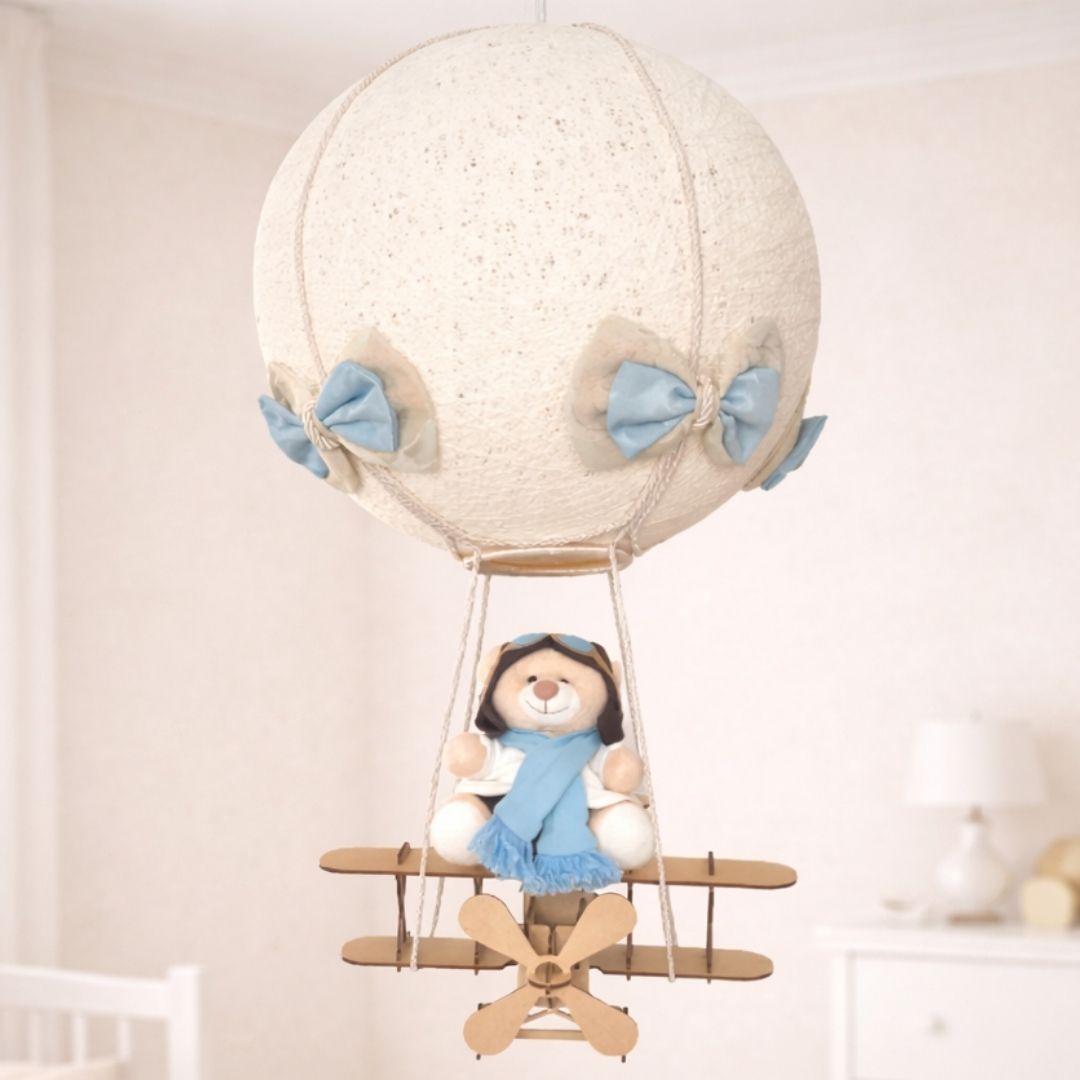 Lustre Balão Com Aviãozinho (Azul Claro) + Urso Aviador (Azul Claro)
